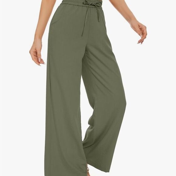 Kiczoy women’s high waist wide leg pants, draw string tie, size XS Green NWT - Picture 3 of 6